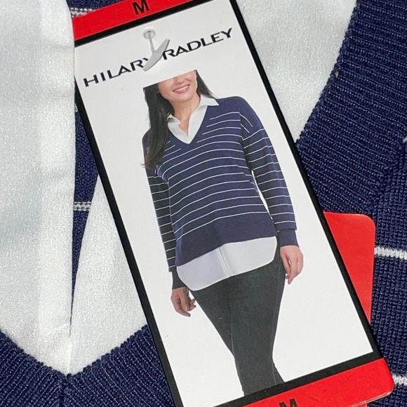 Hilary Radley Womens‎ Medium M Striped V Neck Pullover Sweater Shirt Collar - Picture 3 of 13
